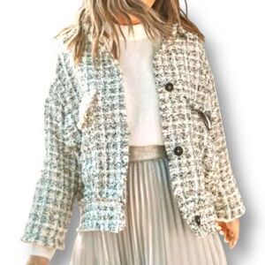 H&M XS Black White Tweed Cropped Jacket Textured Fringe Old Money Preppy Retro